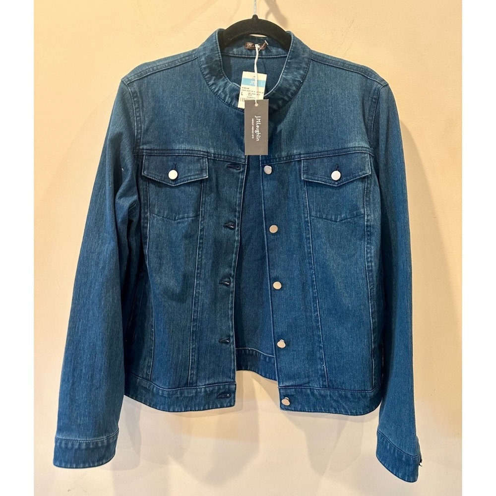 J McLaughlin Jackie Elevated Denim Jacket NWT Sz L Indigo Metallic Button - $228